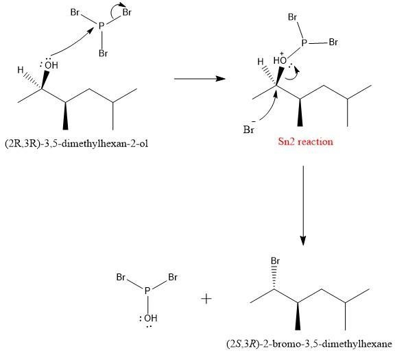 Draw the curved arrow mechanism for the reaction between (2R,3R)-3,5-dimethylhexan-example-1