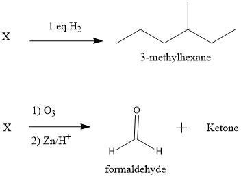 Compound X has the formula C7H14. X reacts with one molar equivalent of hydrogen in-example-1