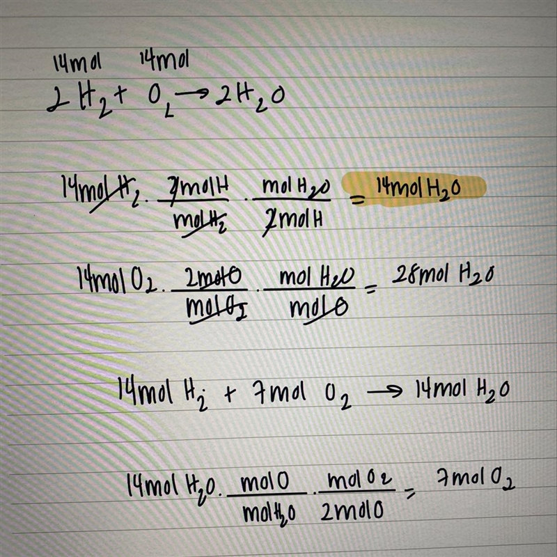 If 14 moles of oxygen react with 14 moles of hydrogen to produce water, what is the-example-1