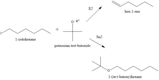 Predict the two most likely mechanisms for the reaction of 1-iodohexane with potassium-example-1