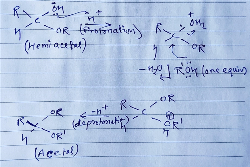 Aldehydes and ketones react reversibly with two equivalents of alcohol in the presence-example-2