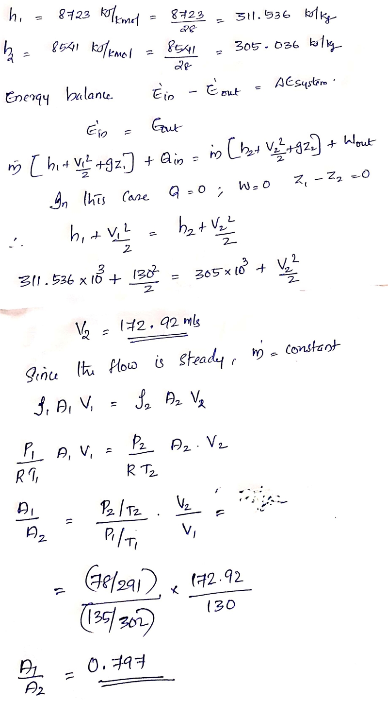 Nitrogen gas at 135 kPa and 29 C enters an adiabatic nozzle steadily with a velocity-example-1