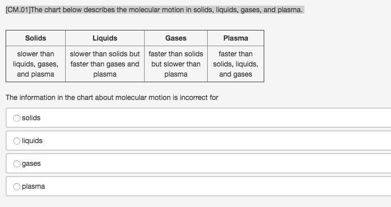 The chart below describes the molecular motion in solids, liquids, gases, and plasma-example-1