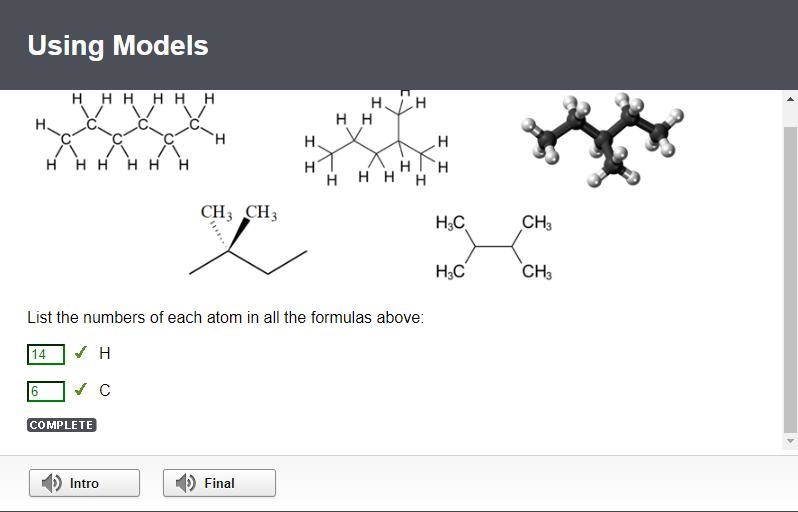 List the numbers of each atom in all the formulas above: H C-example-1