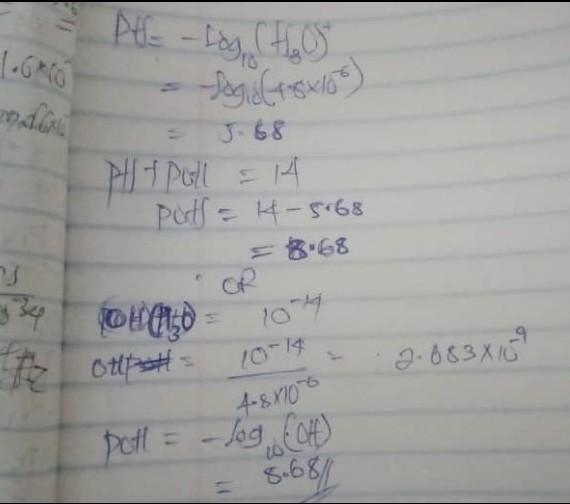 What is the pOH of a solution at 25.0∘C with [H3O+]=4.8×10−6 M?-example-1