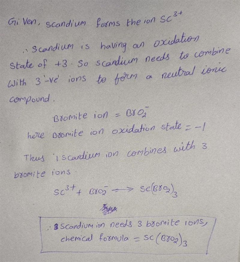 Candium forms the ion Sc3+. How many bromite ions could bond with Sc3+, and what would-example-1