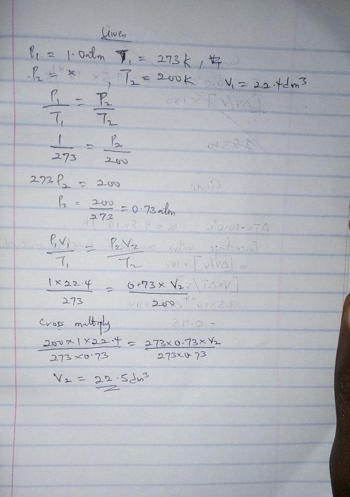 If the initial pressure of a gas is 1.0 atm at 273k what is the new volume at 200k-example-1