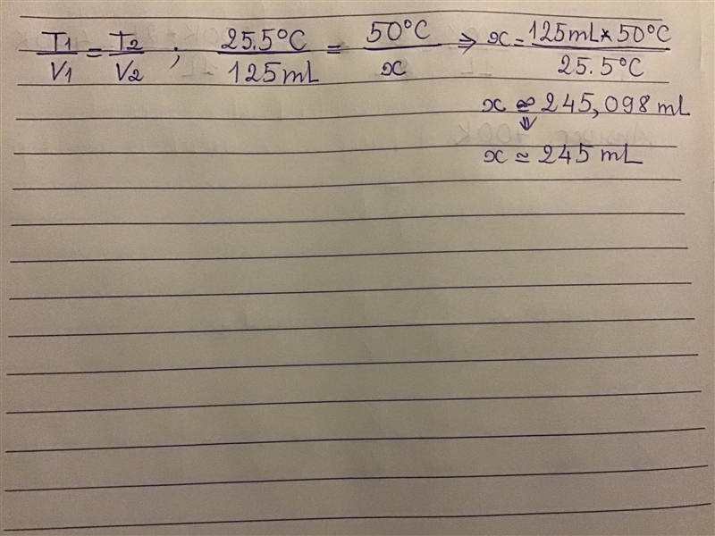 At 25.5°C a gas has a volume of 125mL. What would be the volume be if the temperature-example-2