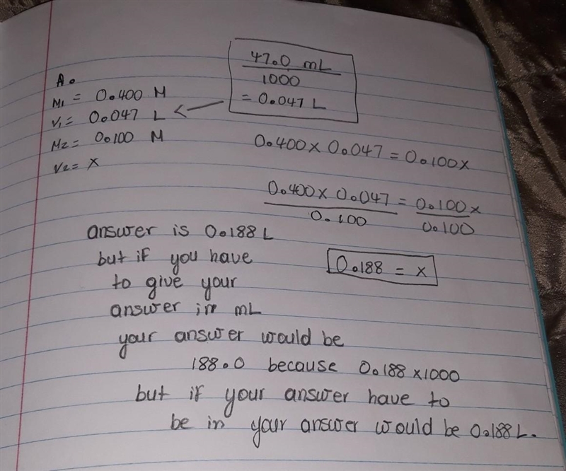 A 47.0 mL aliquot of a 0.400 M stock solution must be diluted to 0.100 M. Assuming-example-2