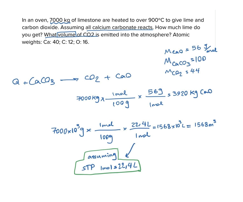 In an oven, 7000 kg of limestone are heated to over 900ºC to give lime and carbon-example-1