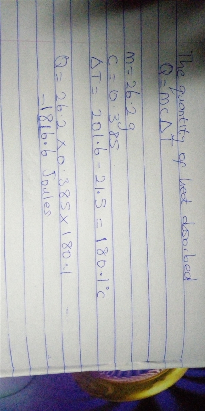 26.2 g piece of copper metal is heated from 21.5°C to 201.6°C. Calculate the amount-example-1