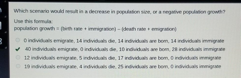 Whích scenario would result in a decrease in population size, or a negative population-example-1