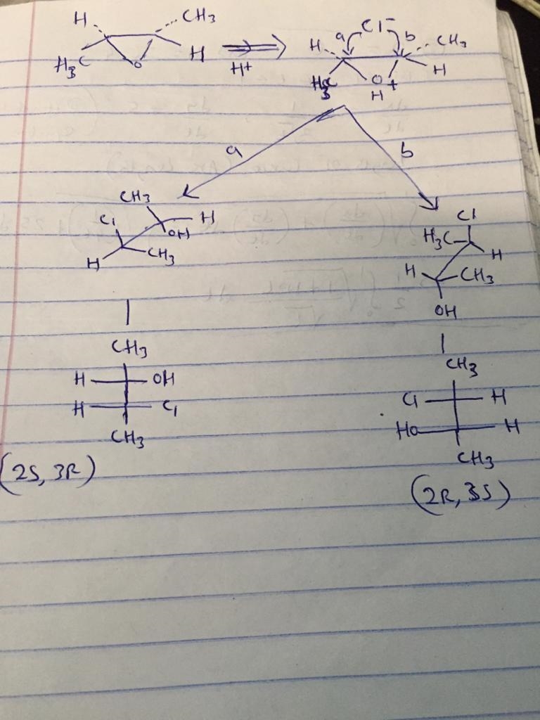 This equation shows the reaction of trans-2,3-dimethyloxirane with hydrogen chloride-example-1