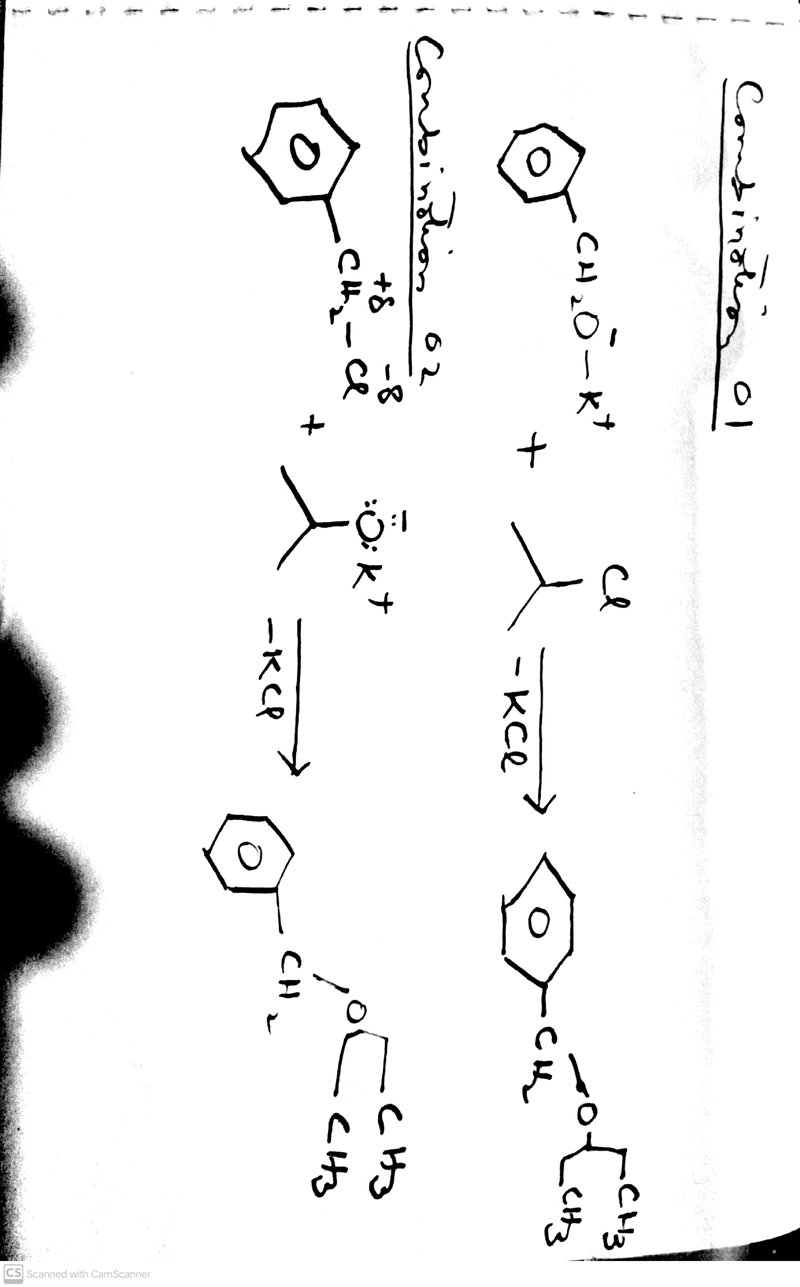 This ether can, in principle, be synthesized by two different combinations of haloalkane-example-1