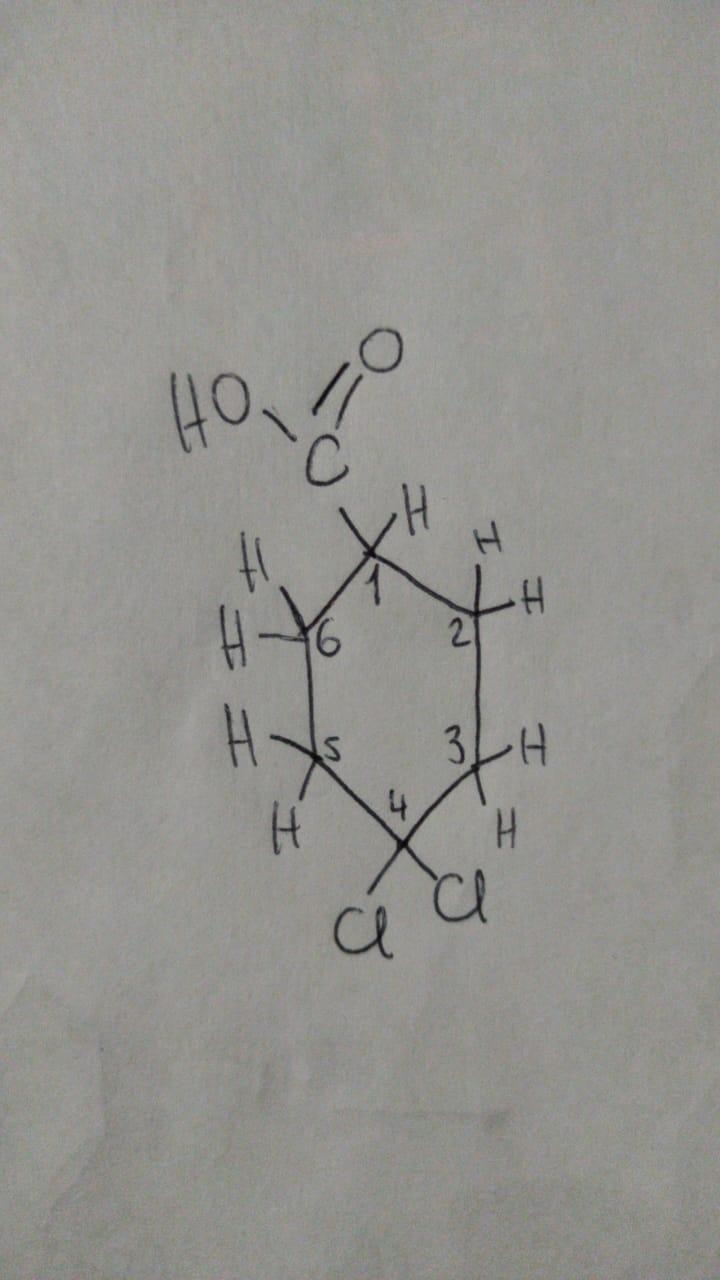 Draw a structural formula for 4,4-dichlorocyclohexanecarboxylic acid.-example-1