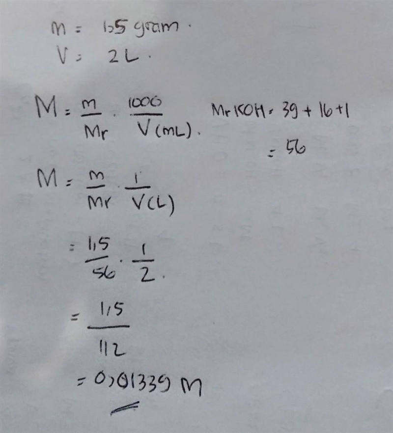 Calculate the molarity (M) of a solution that contains 1.5 grams of KOH and has a-example-1