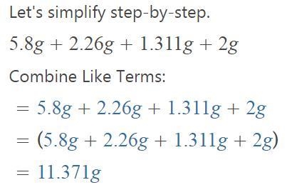 The correct answer for the addition of 5.8 g + 2.26g + 1.311g + 2 g is?-example-1