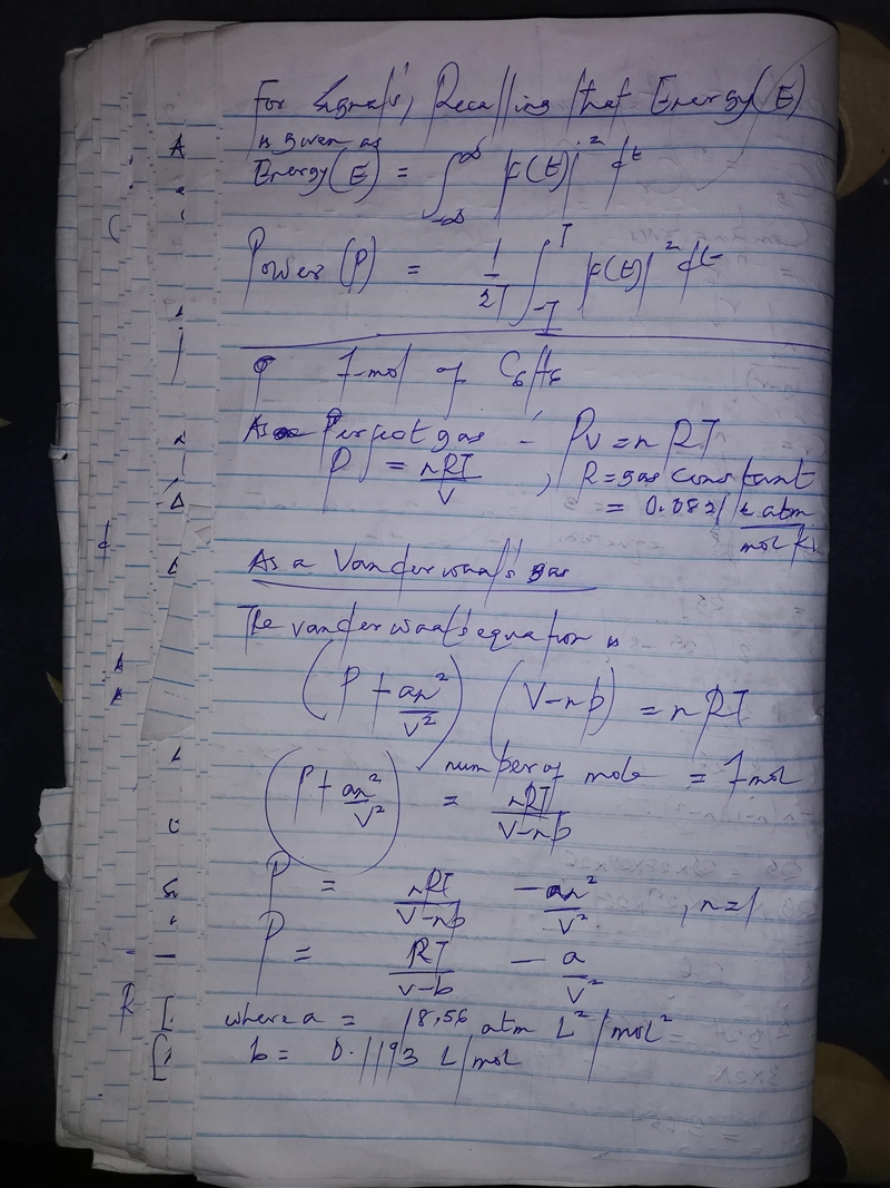 Calculate the pressure exerted by 1.0 mol of C6H6behaving as a)a perfect gas and b-example-1