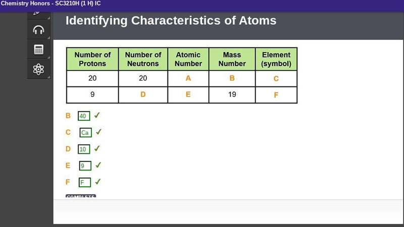 A 5-column table with 2 rows. Column 1 is labeled number of protons, with entries-example-1