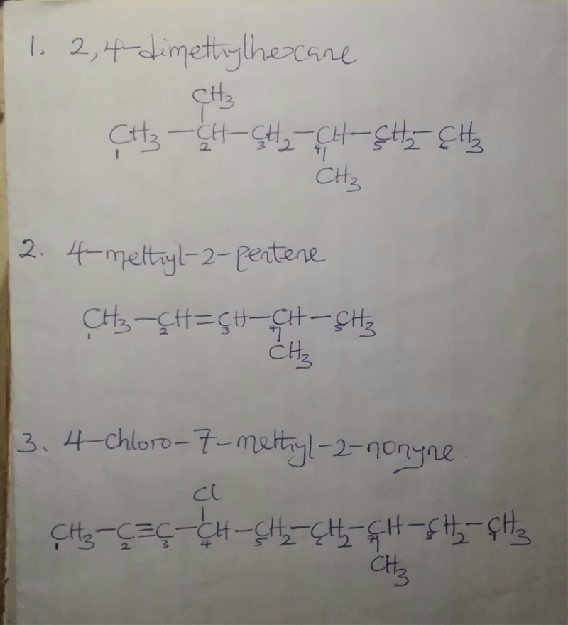 How do you draw the following structural formulas: 2,4-dimethylhexane; 4-methyl-2-pentene-example-1