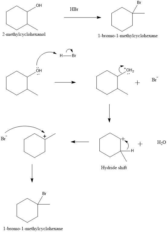 Through what basic mechanism is 2-methylcyclohexanol converted to 1-bromo-1-methylcyclohexane-example-1