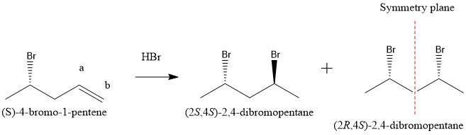 Two stereoisomers are obtained from the reaction of HBr with (S)-4-bromo-1-pentene-example-1