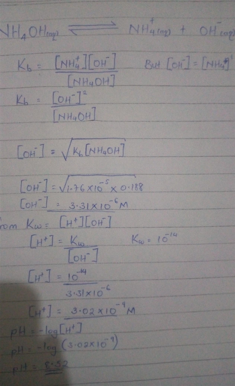 Determine the pH of a 0.188 M NH 3 solution at 25°C. The K b of NH 3 is 1.76 × 10 -5.-example-1