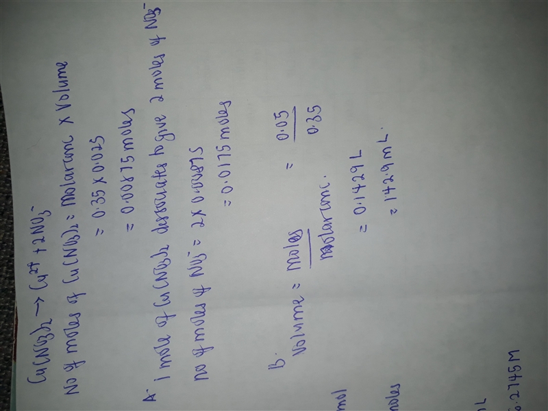 6. How many moles of Cu(NO3)2 are in 25 ml of a 0.35 M solution of Cu(NO3)2? a) How-example-1