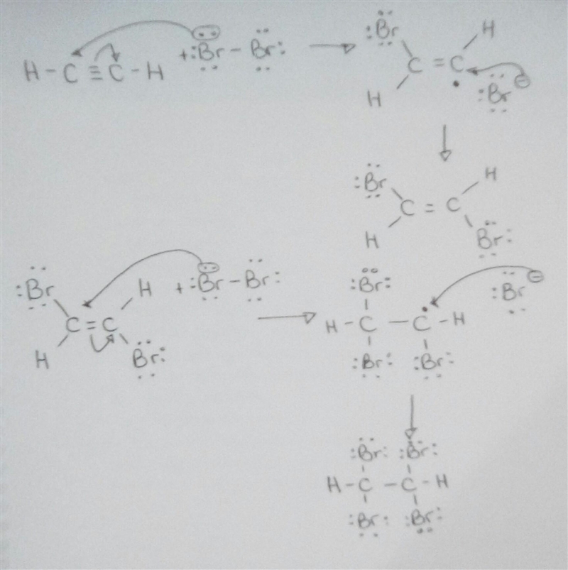 Two equivalents of molecular halogen will react with and add to an alkyne. Complete-example-1