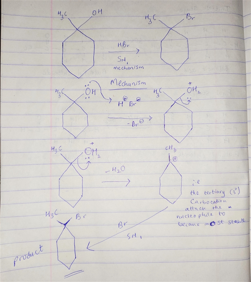 Through what basic mechanism is 1-methylcyclohexanol converted to 1-bromo-1-methylcyclohexane-example-1