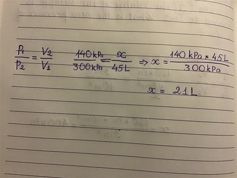 A gas has a volume of 45 L at a pressure of 140 kPa. What is the volume when the pressure-example-2