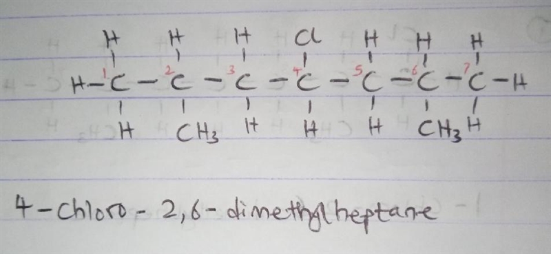 Draw the structure(s) of all of the possible monochloro derivatives of 2,6-dimethylheptane-example-2