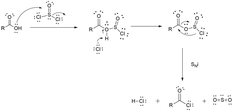 The reaction of a carboxylic acid and thionyl chloride produces an acid chloride plus-example-1