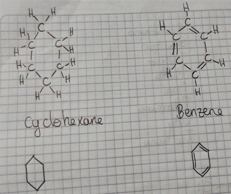 Draw the structures of cyclohexane and benzene. Show all hydrogen atoms. Cyclohexane-example-1