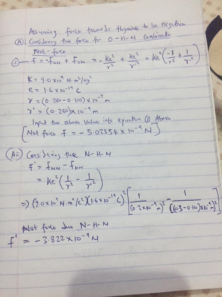 Calculate the net force that thymine exerts on adenine. To keep the calculations fairly-example-2