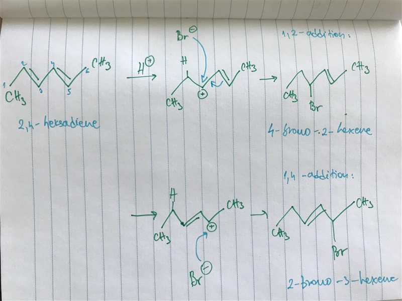 Draw the addition products formed when one equivalent of HBr reacts with 2,4-hexadiene-example-1