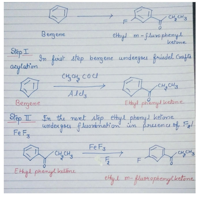 Show the proper sequence of synthetic transformations in the conversion of benzene-example-1