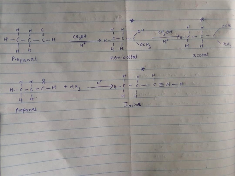 Draw a hemiacetal, an acetal, and an imine that can be formed from propanal (C3H6O-example-1