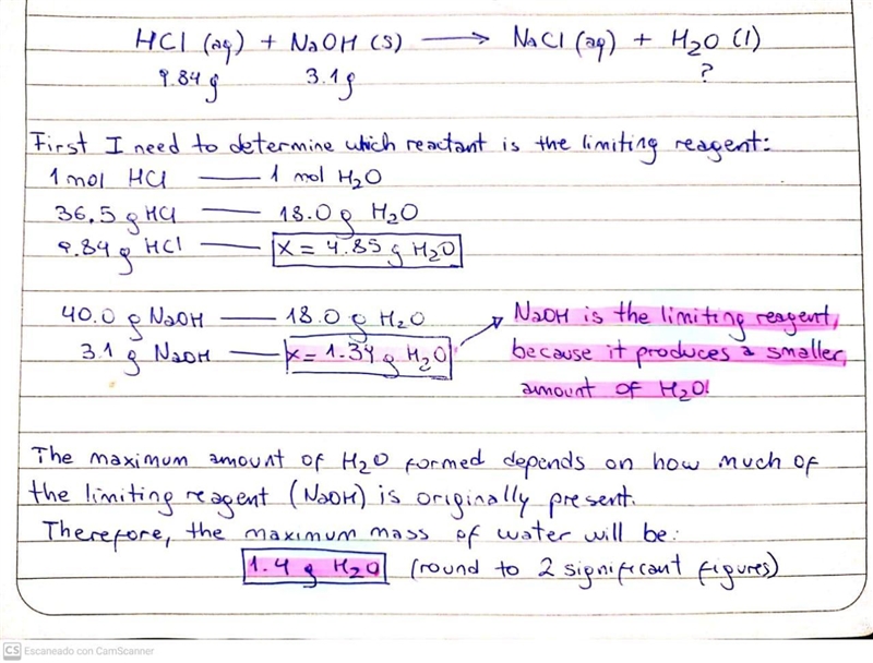 Aqueous hydrochloric acid HCl will react with solid sodium hydroxide NaOH to produce-example-1