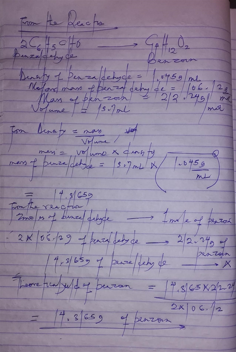 Calculate the theoretical yield of benzoin assuming you begin with 13.7 mL of benzaldehyde-example-1