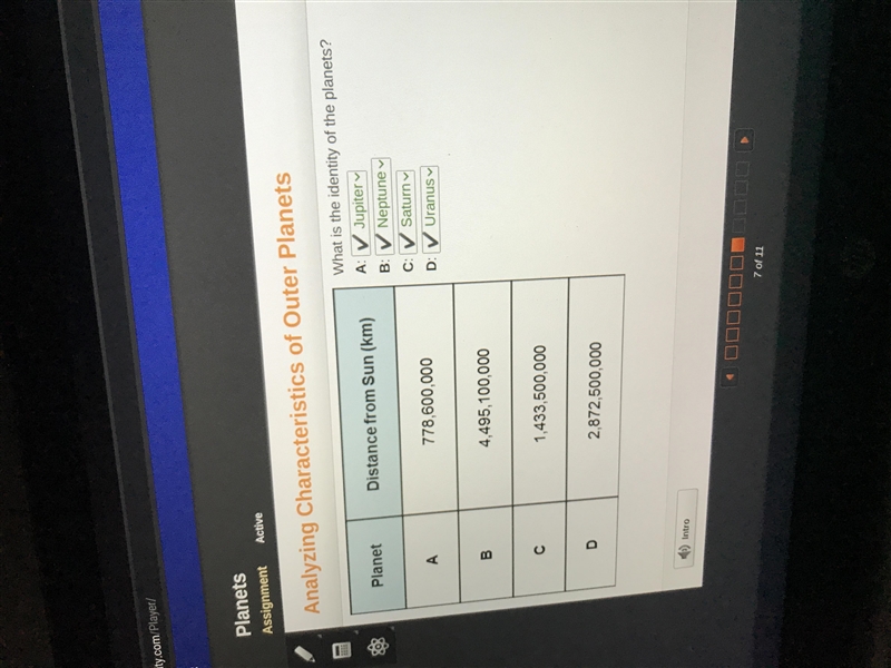 Analyzing Characteristics of Outer Planets Planet Distance from Sun (km) What is the-example-1