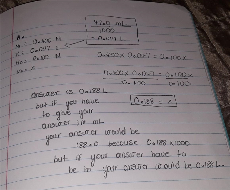 A 47.0 mL aliquot of a 0.400 M stock solution must be diluted to 0.100 M. Assuming-example-1