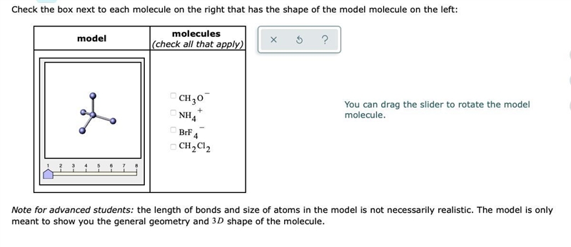 Check the box next to each molecule on the right that has the shape of the model molecule-example-1