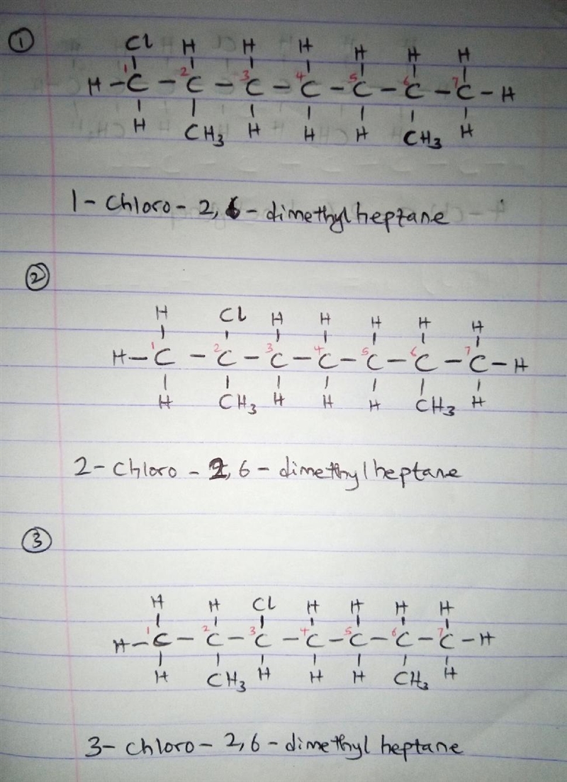 Draw the structure(s) of all of the possible monochloro derivatives of 2,6-dimethylheptane-example-1