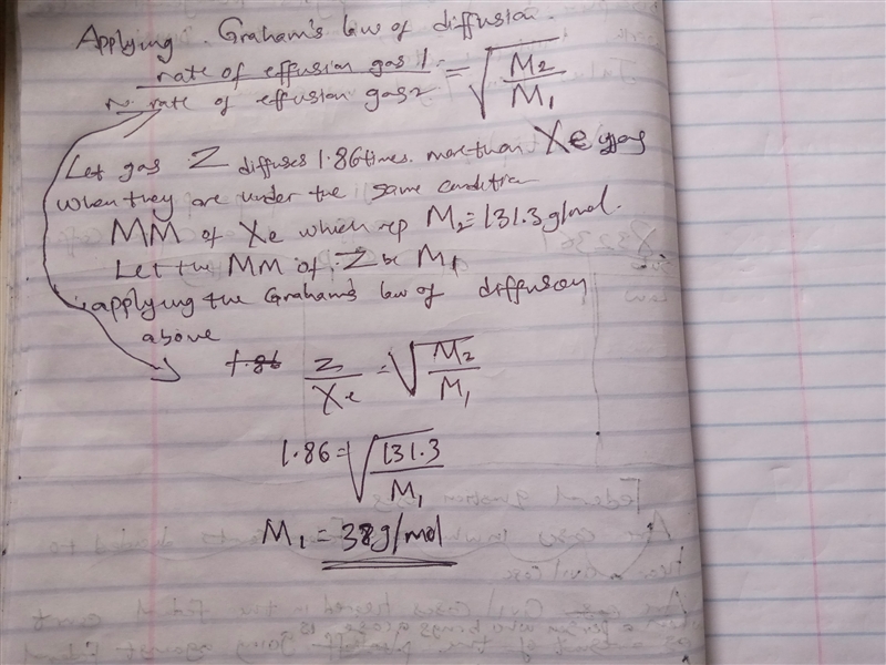 What is the molecular weight of a gas that diffuses through a porous membrane 1.86 times-example-1