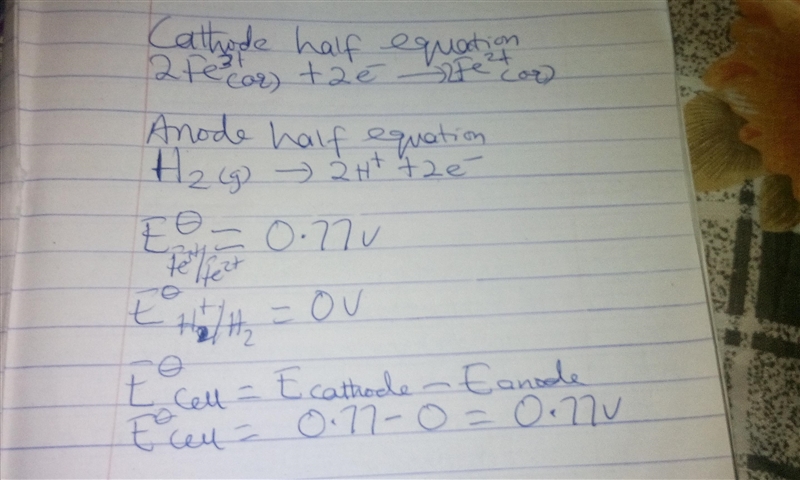 A galvanic cell is powered by the following redox reaction: 2Fe + 3(aq) + H2 (g) + 2OH-example-1