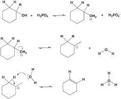 By what mechanism does cyclohexanol react when treated in concentrated sulfuric acid-example-1