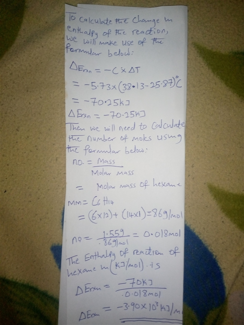 When 1.550 gg of liquid hexane (C6H14)(C6H14) undergoes combustion in a bomb calorimeter-example-1