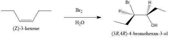 Draw the structure of the bromohydrin formed when (Z)-3-hexene reacts with Br2/H2O-example-1