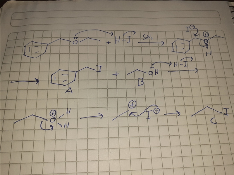 Benzyl ethyl ether reacts with concentrated aqueous HI to form two initial organic-example-1